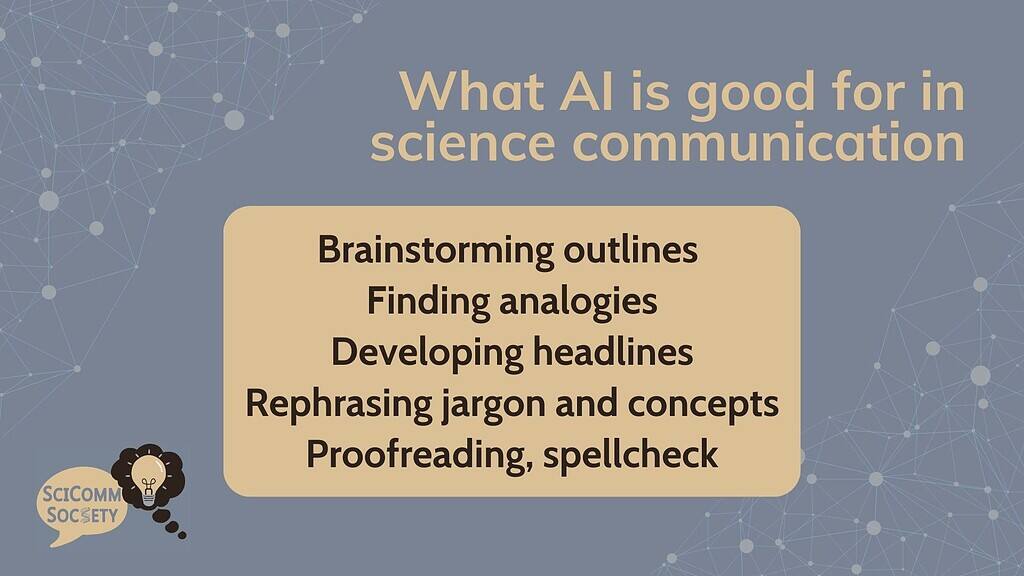What AI is good for in science communication: Brainstorming outlines, Finding analogies, Developing headlines, Rephrasing jargon and concepts, Proofreading, spellcheck