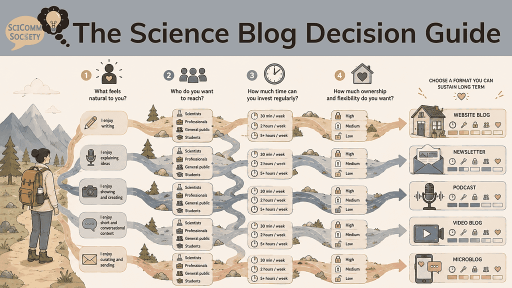 A visual decision guide to choose a sustainable science blog format. Created by ChatGPT.